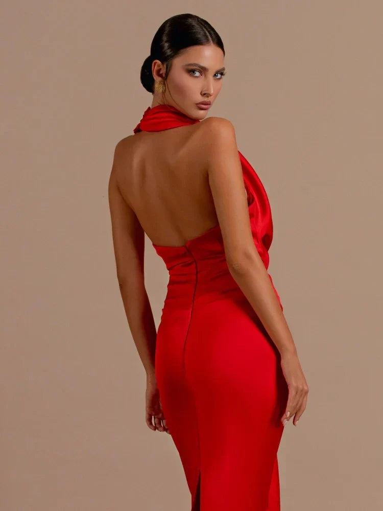 Sexy Swinging Collar Backless Pleated Long Dress Draped Design Party Dress