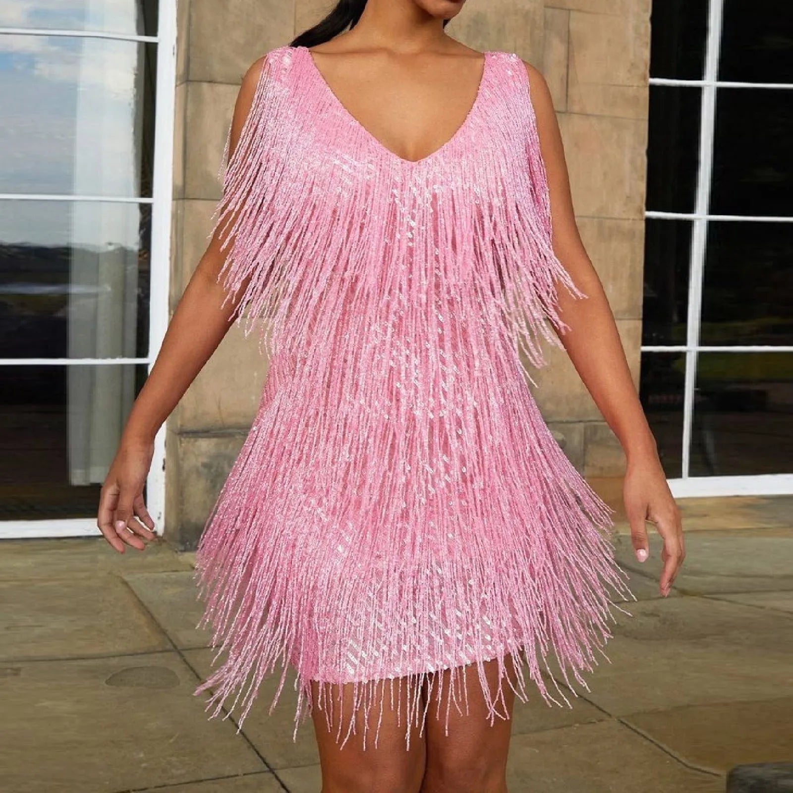 VNeck Tassel Mini Elegant Sleeveless Sequin New Ladies Summer Night Club Cami Fringe Dress