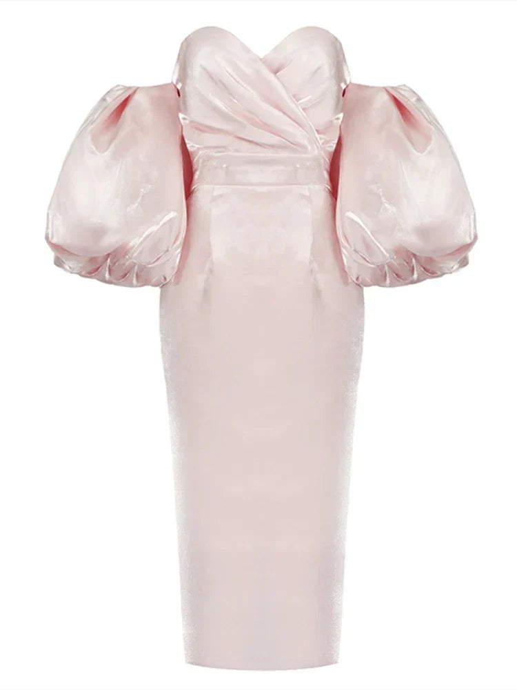 Sexy V-Neck Strapless Puff Sleeve Satin Midi Off Shoulder Christmas Party Dress Pink / S Dresses-L