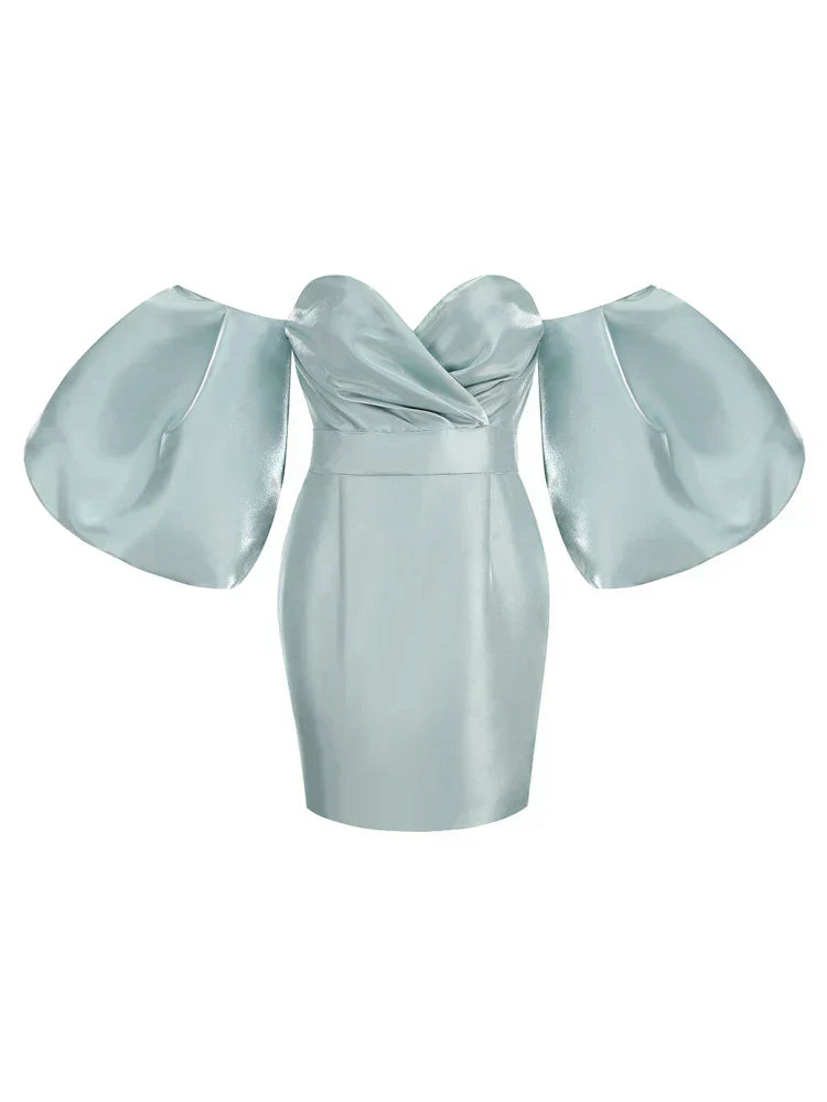Sexy V-Neck Strapless Puff Sleeve Satin Midi Off Shoulder Christmas Party Dress Blue / S Dresses-L