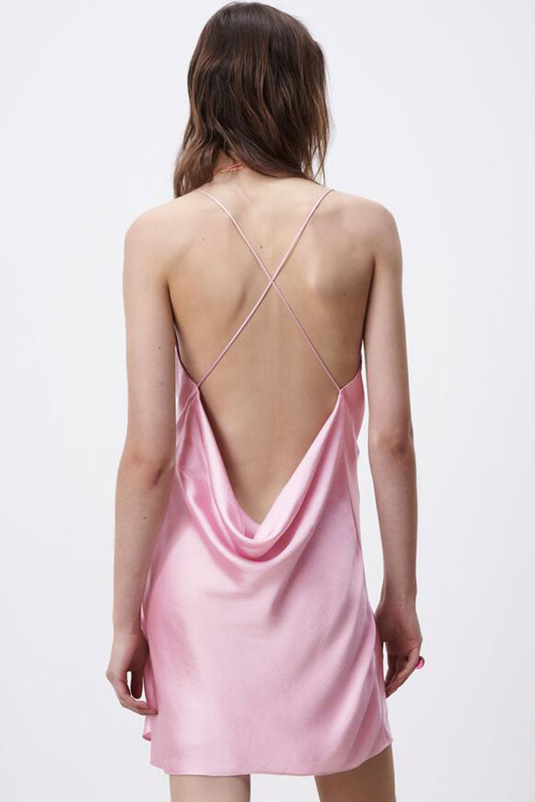 Pink Cowl Neck Spaghetti Strap Satin Slip Mini Dress