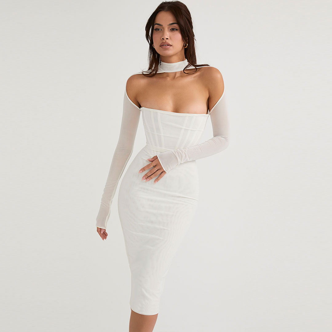 White Mock Neck Cutout Mesh Long Sleeve Bodycon Midi Dress