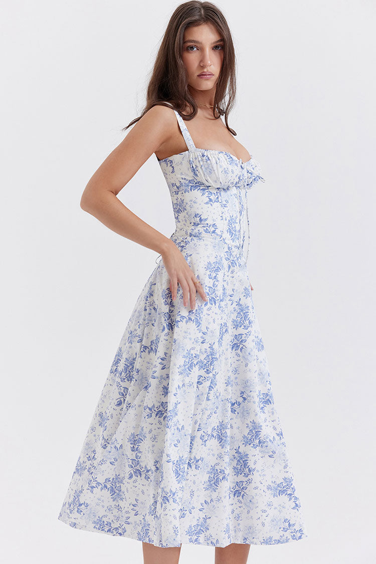 Blue Sweetheart Neck Floral Tie Front Corset Fit Flare Split Midi Sundress