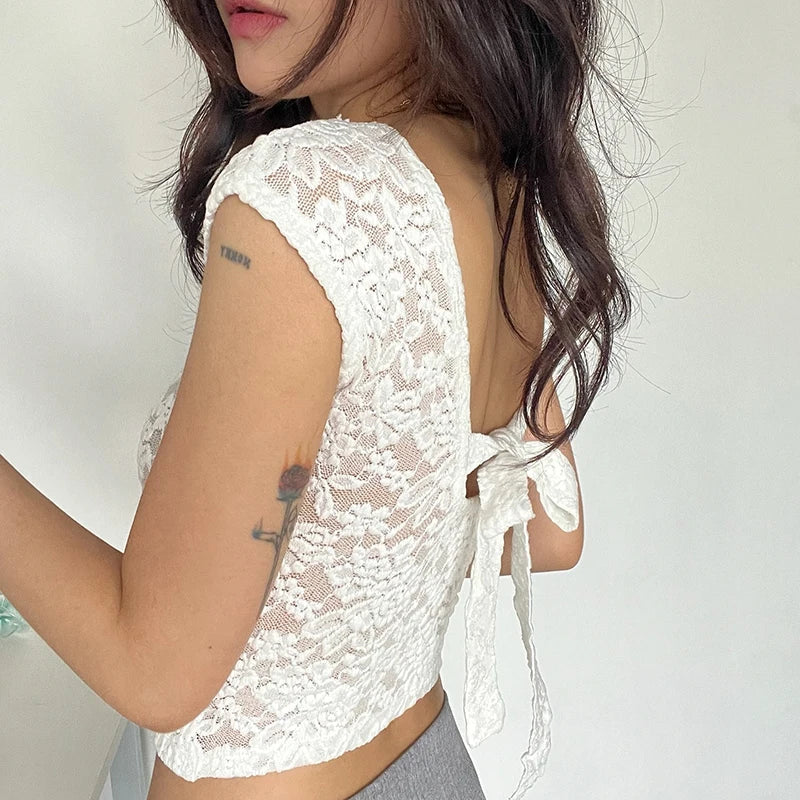 Transparent Lace Backless Tshirt