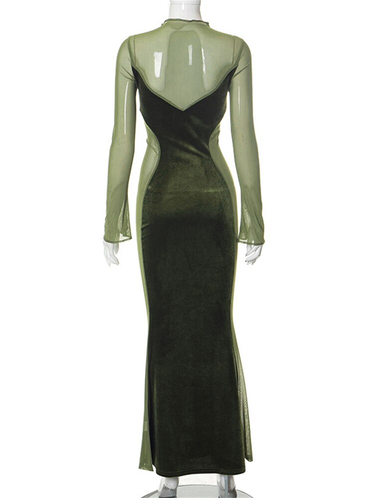 O Elegant Arm Dresses Fashion Full-Length Through Fall Party Gown Club Neck for Outfits Sexy - Long Mesh Patchwork See Women