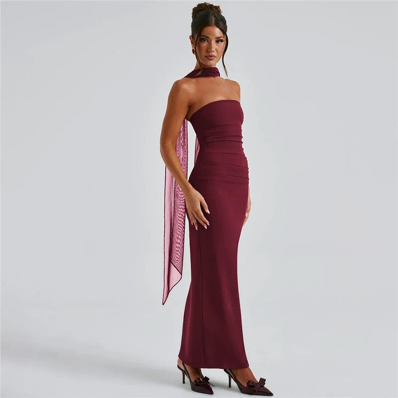 Mesh Sleeve Off - shoulder Long Dress