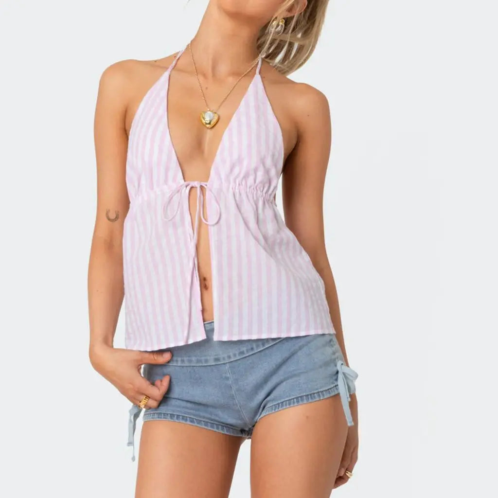 Y2K Striped Backless TieUp Front Halter Cami Top