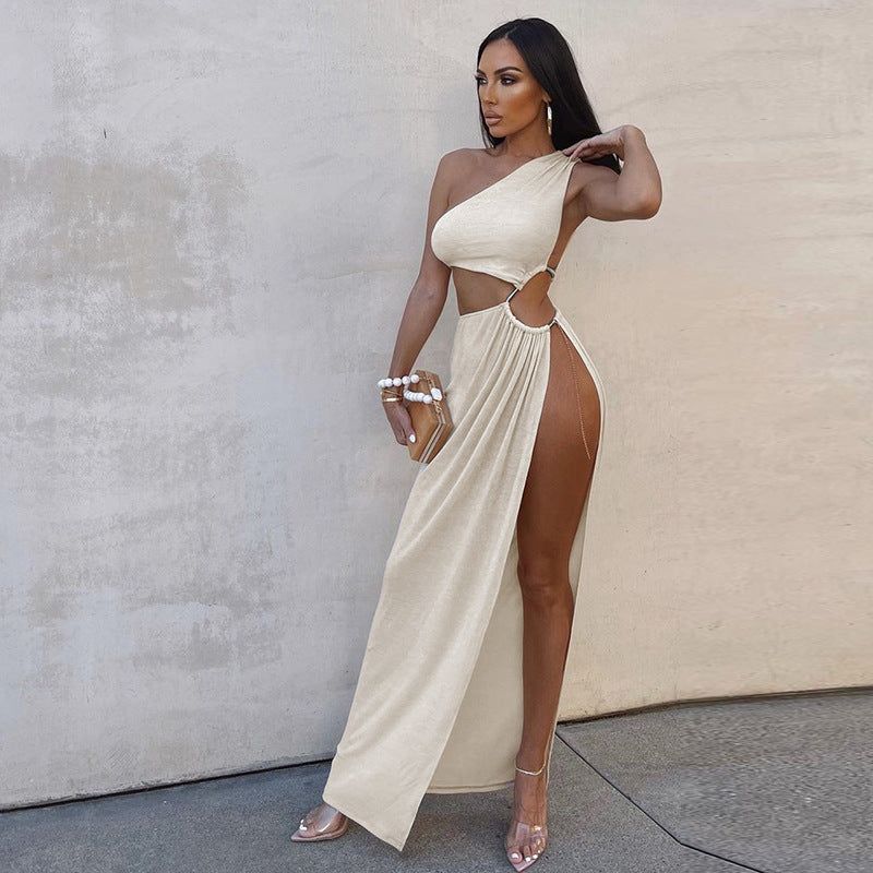 Beige One Shoulder O-Ring Cutout High Slit Maxi Dress