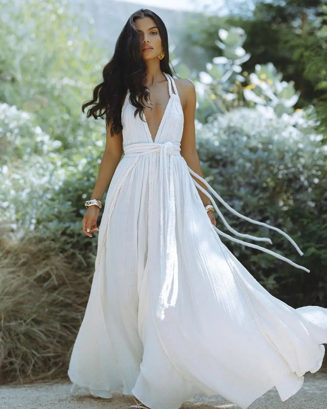 Solid Split Pleated Bandage Long Dress