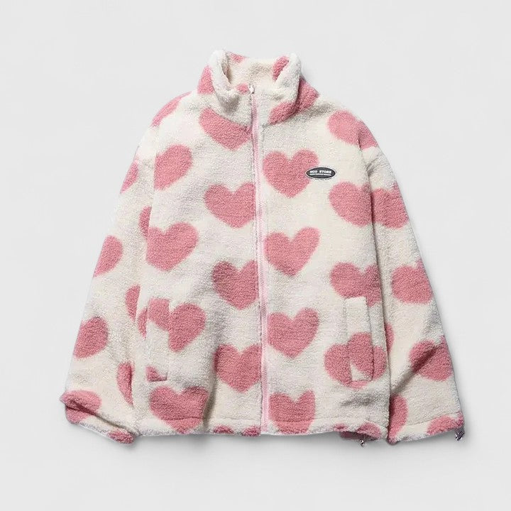 Stand Collar Heart Print Zip-Front Fleece Jacket