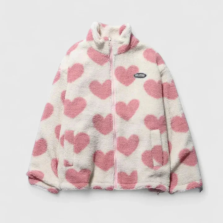 Heart Print Stand Collar Zip-Front Cozy Fleece Jacket