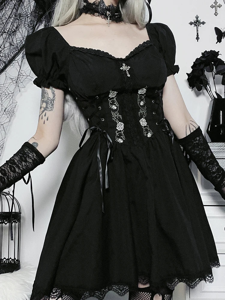Gothic Lolita Lace Up Corset Embroidery Puff Sleeve Lace Hem Mini Dress 4