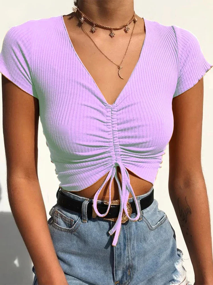 VNeck Drawstring Ribbed Crop Top