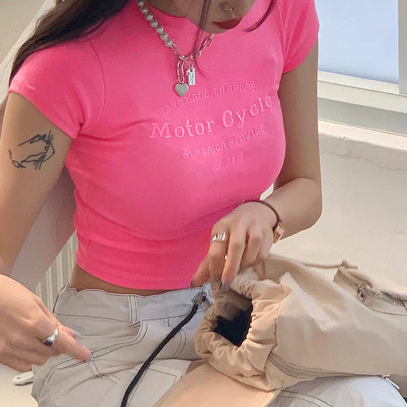 Pink ONeck Slim Fit Streetwear Crop Top