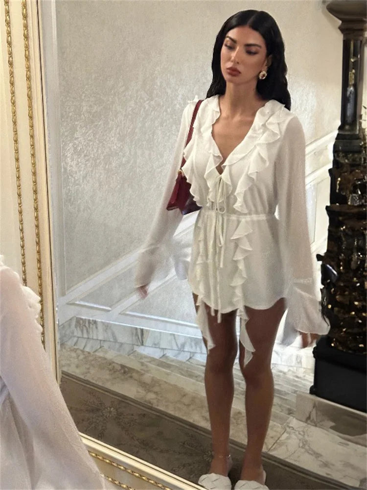 White Ruffled Sexy Mini Dress Women's Lace Up See Through Long Sleeve Fashion V Neck Party Dress Female Bandage Mini Dress