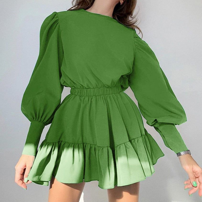 Round Neck Puff Sleeve Gathered Waist Ruffle Hem Mini Dress 3