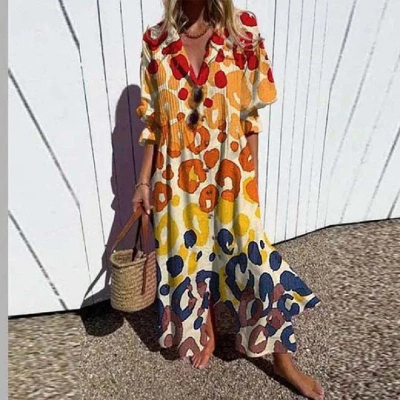V-Neck Abstract Floral Print Half Sleeve Tiered Flowy Maxi Dress