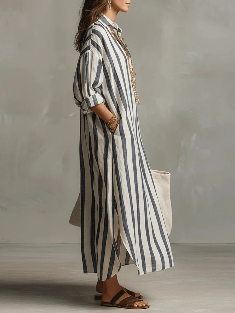 Collared Long Sleeve Striped Oversized Shirt Maxi Dress 2