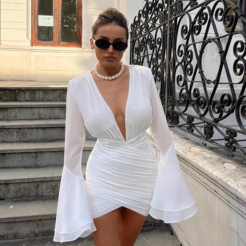 White Plunge Neck Flare Sleeve Ruched Wrap Chiffon Bodycon Mini Dress 2