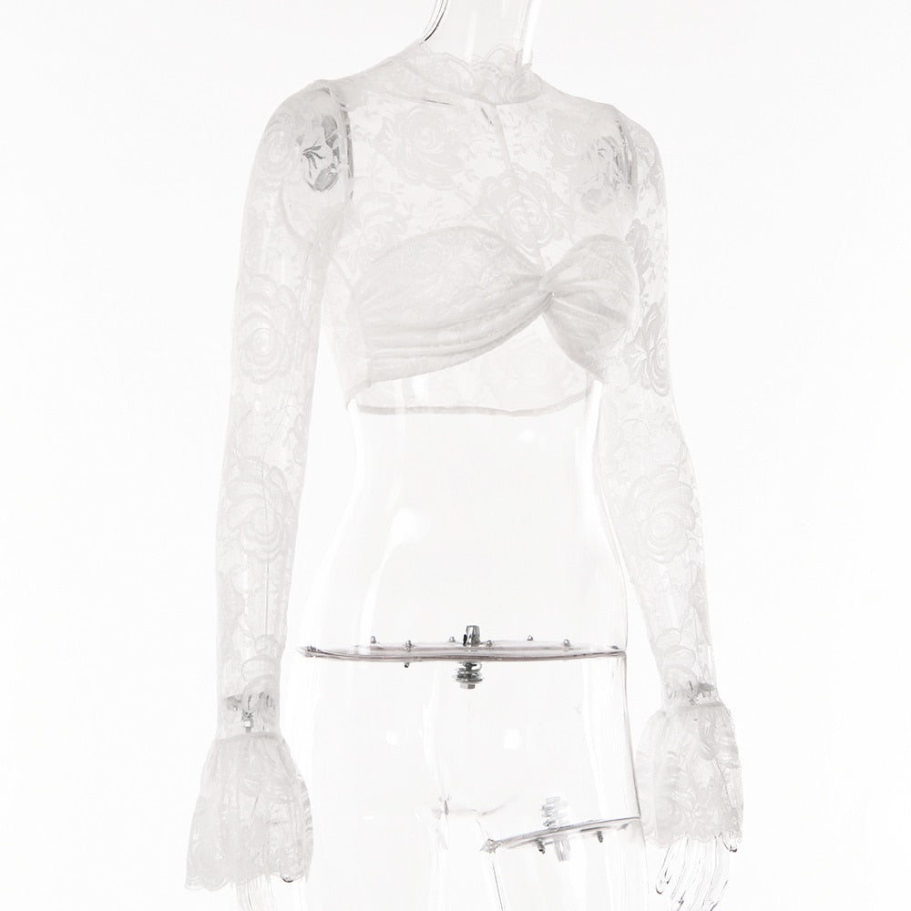 Long Sleeve Lace Charming Mesh Crop Top
