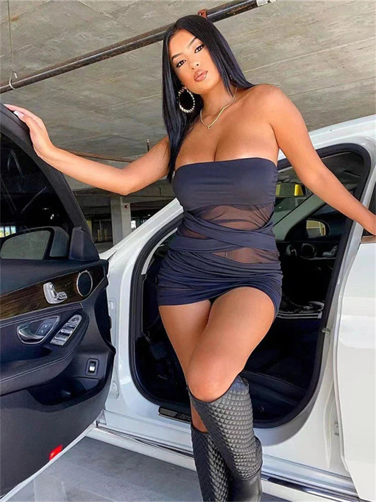 Sheer OneLine Collar Wrap Mini Dress