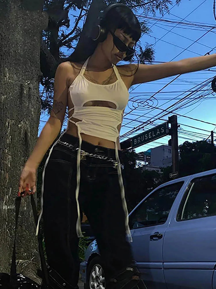 White Hollow Halter Crop Top
