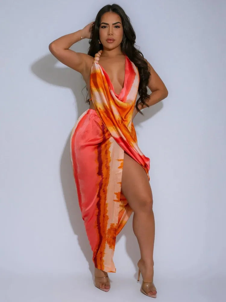 Tie Dye Halter Deep VNeck Backless Midi Dress