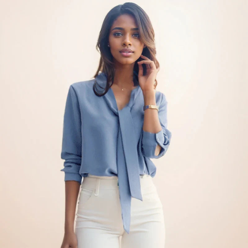 Casual Long Sleeve Bow Tie Fashion Vneck Chiffon Blouse
