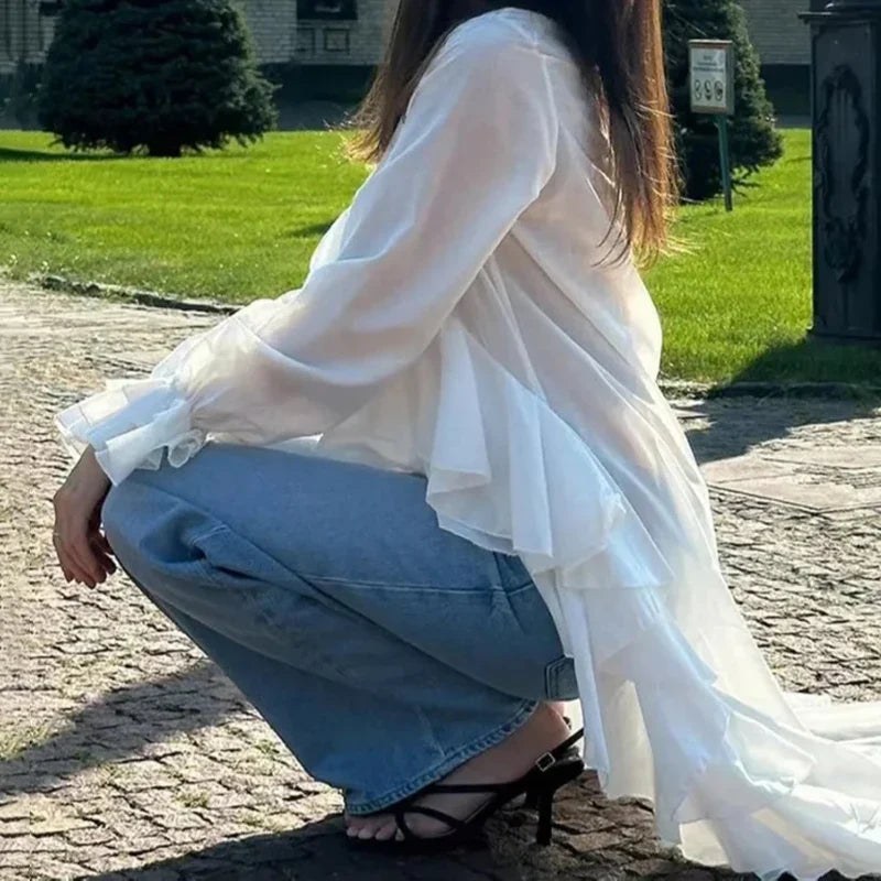 Ruffles Vneck Long Sleeve Casual Blouse