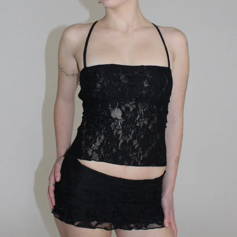 Lace Fairy TieUp Sleeveless Low Rise Mini Two Piece Skirt Set