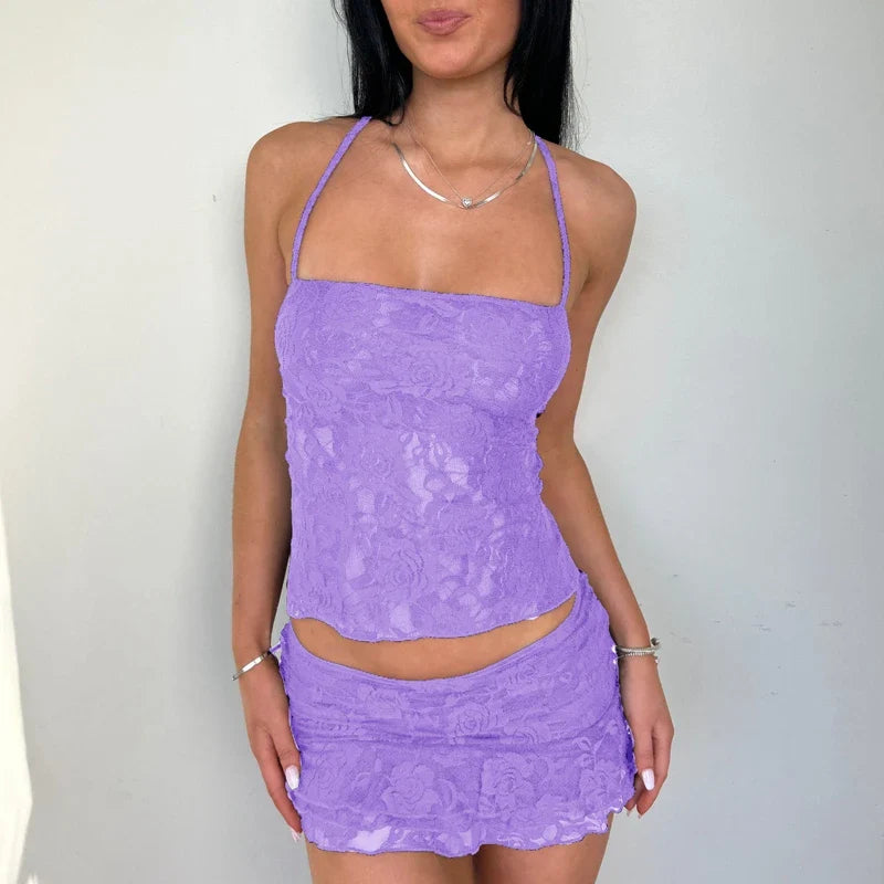Lace Fairy TieUp Sleeveless Low Rise Mini Two Piece Skirt Set