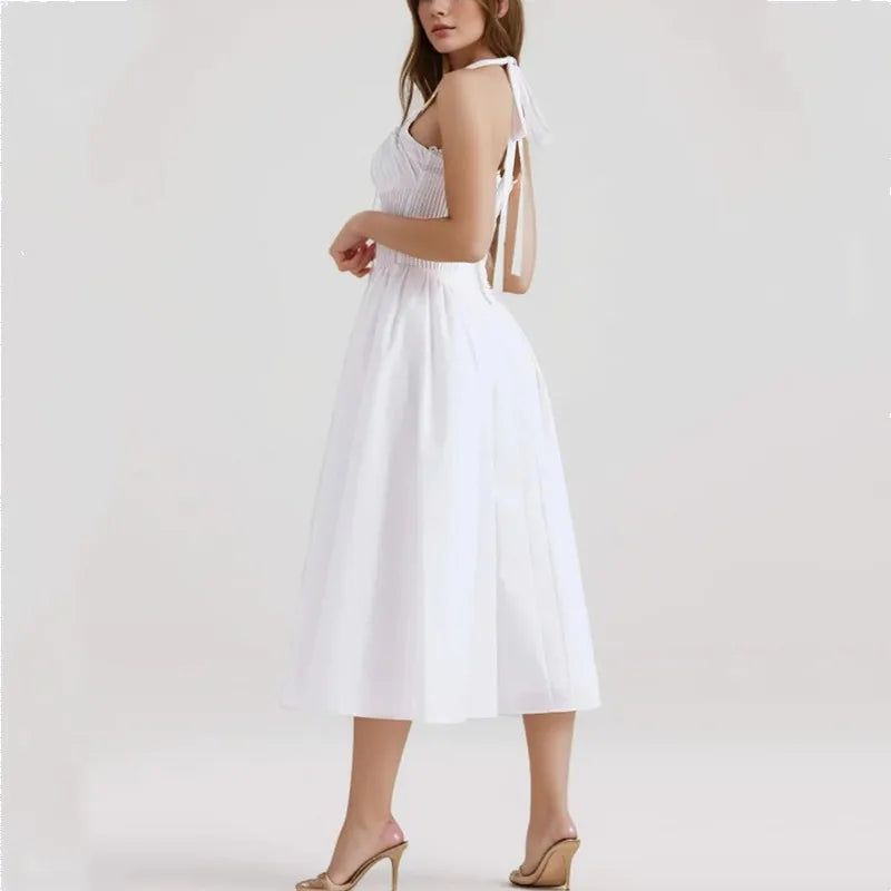 Corset Style Bow Halter Spliced Lace Midi Dress
