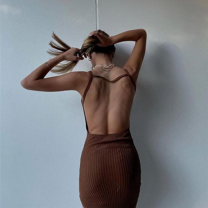 Sleeveless Backless Ribbed Knit High Slit Bodycon Maxi Dress
