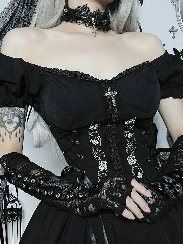 Gothic Lolita Lace Up Corset Embroidery Puff Sleeve Lace Hem Mini Dress 3