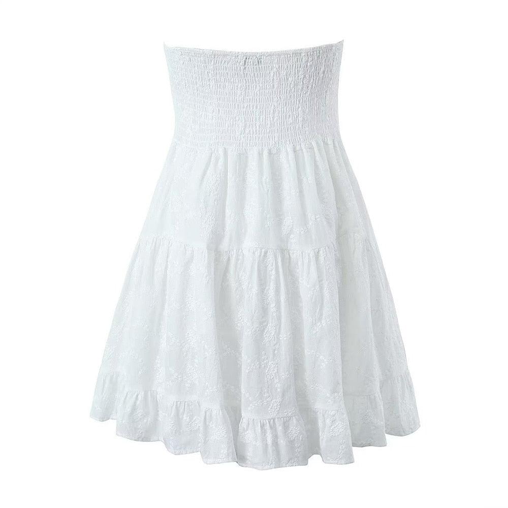 White Strapless Bow Front Eyelet Embroidery Tiered A-Line Mini Dress