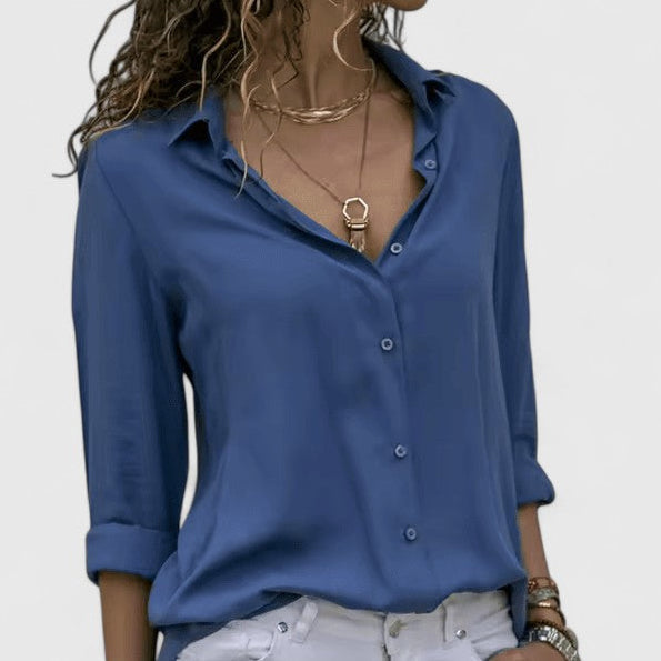 Collared Button-Front Long Sleeve Chiffon Blouse 8