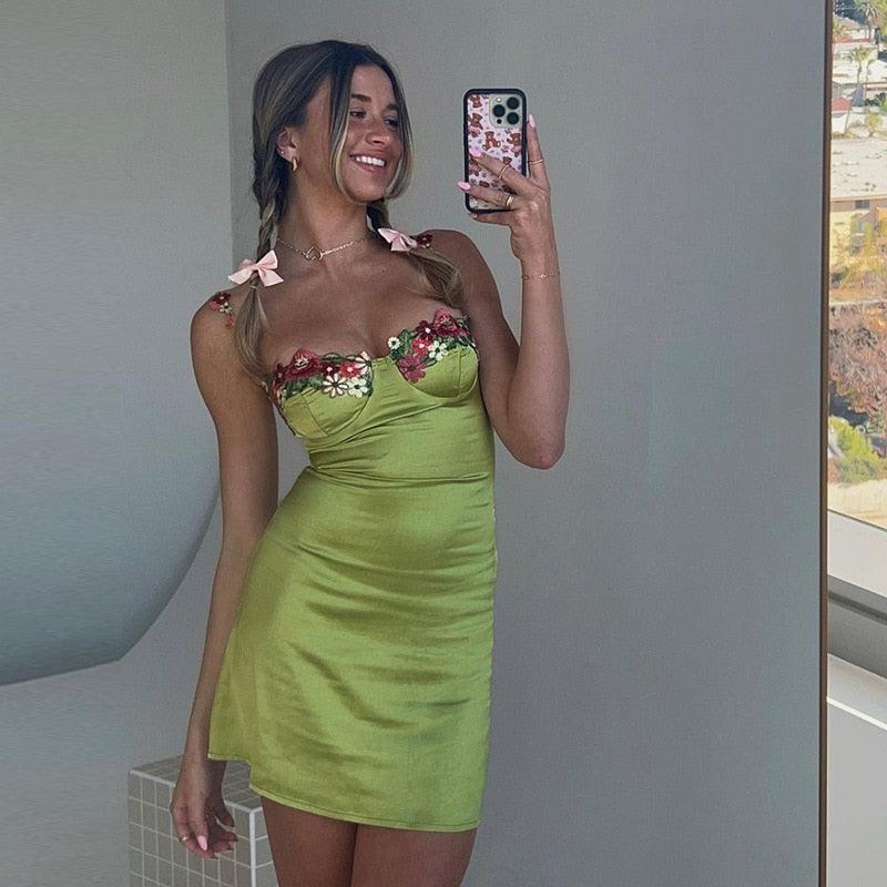 Green Spaghetti Strap Floral Applique Satin Bodycon Mini Dress 9