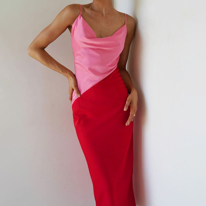 Red Cowl Neck Spaghetti Strap Satin Diagonal Panel Bodycon Maxi Dress