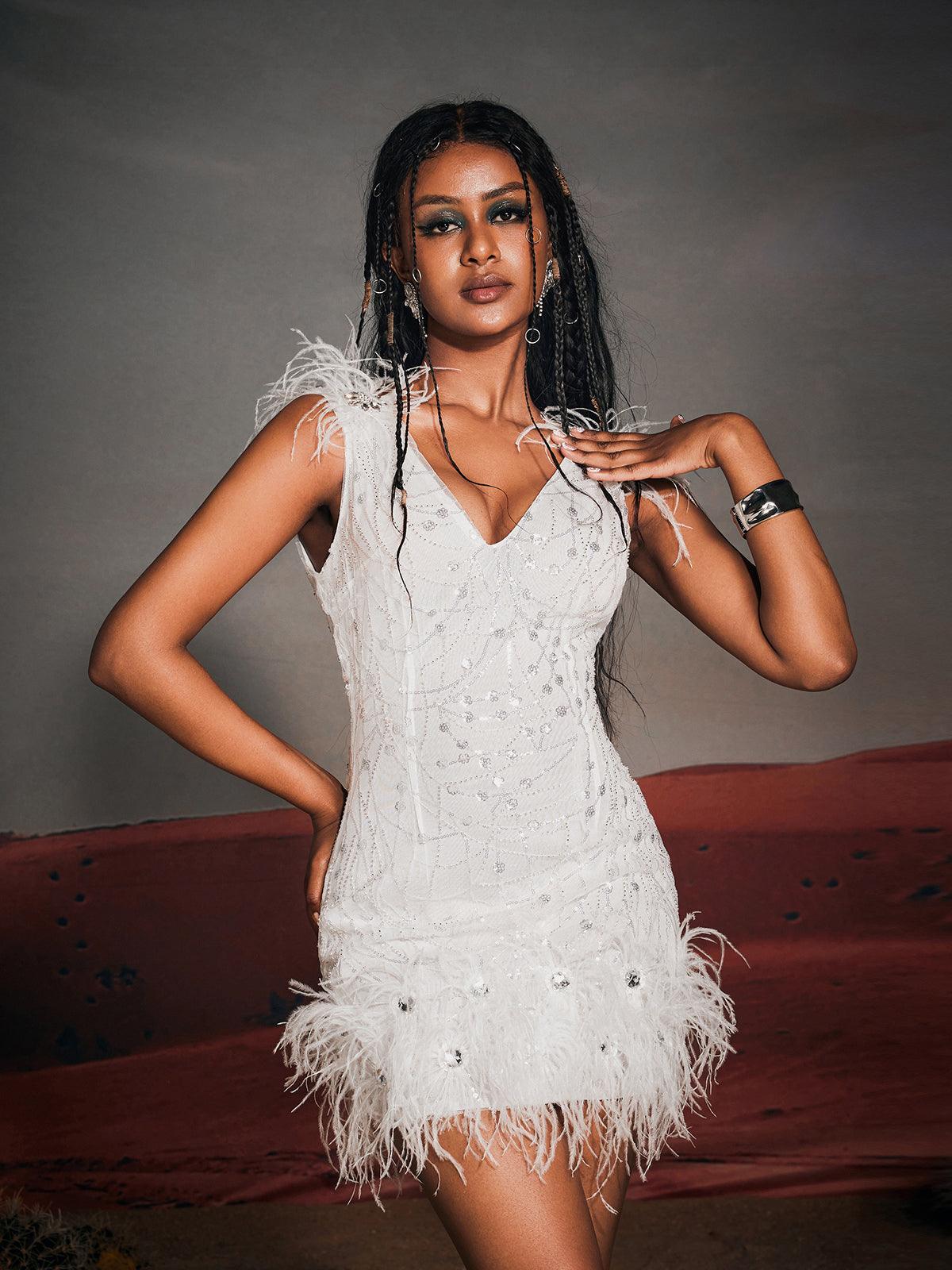 Sequin Feather Mini Dress