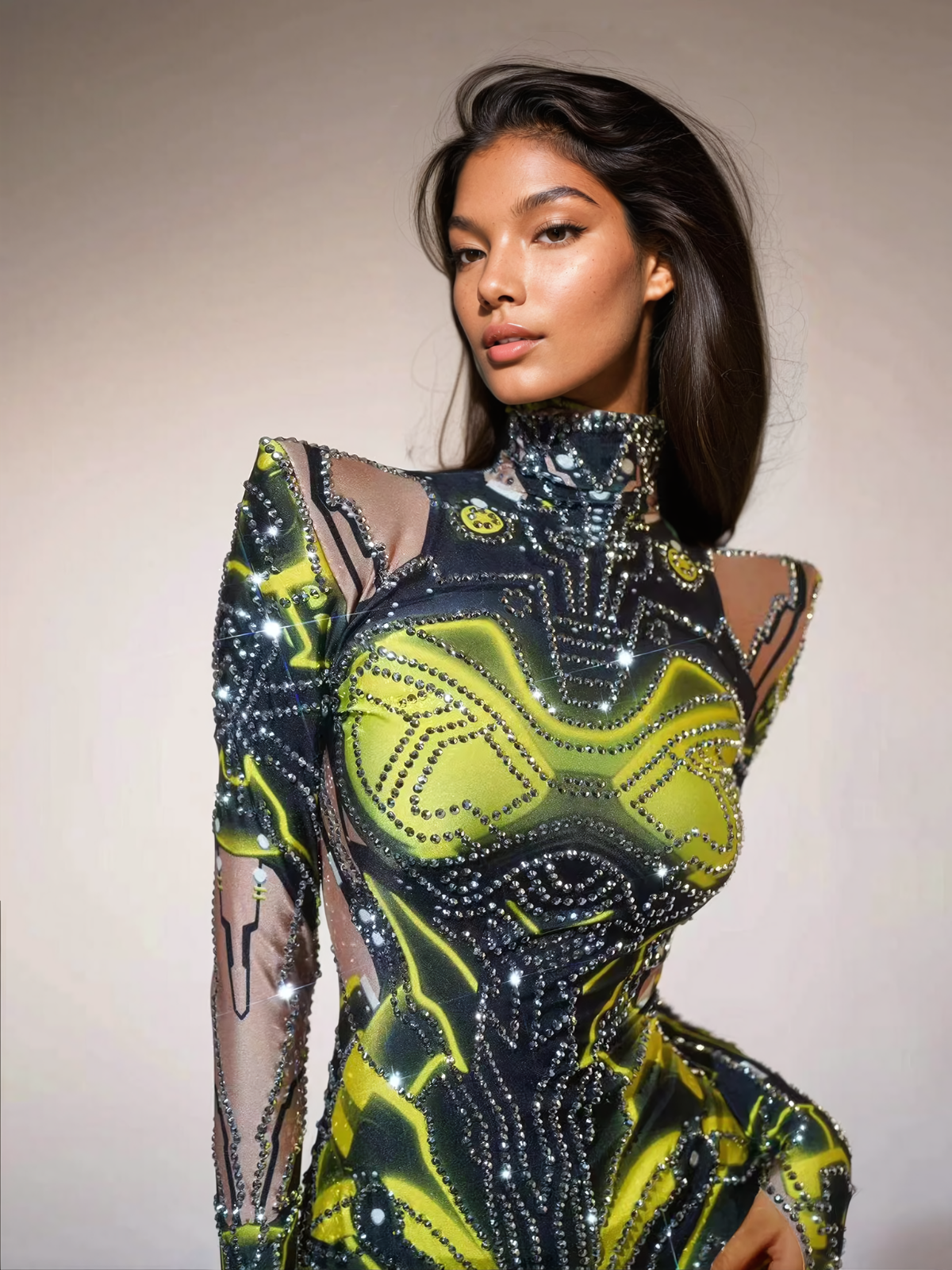 Long Sleeve Rhinestone Printed Bodysuit