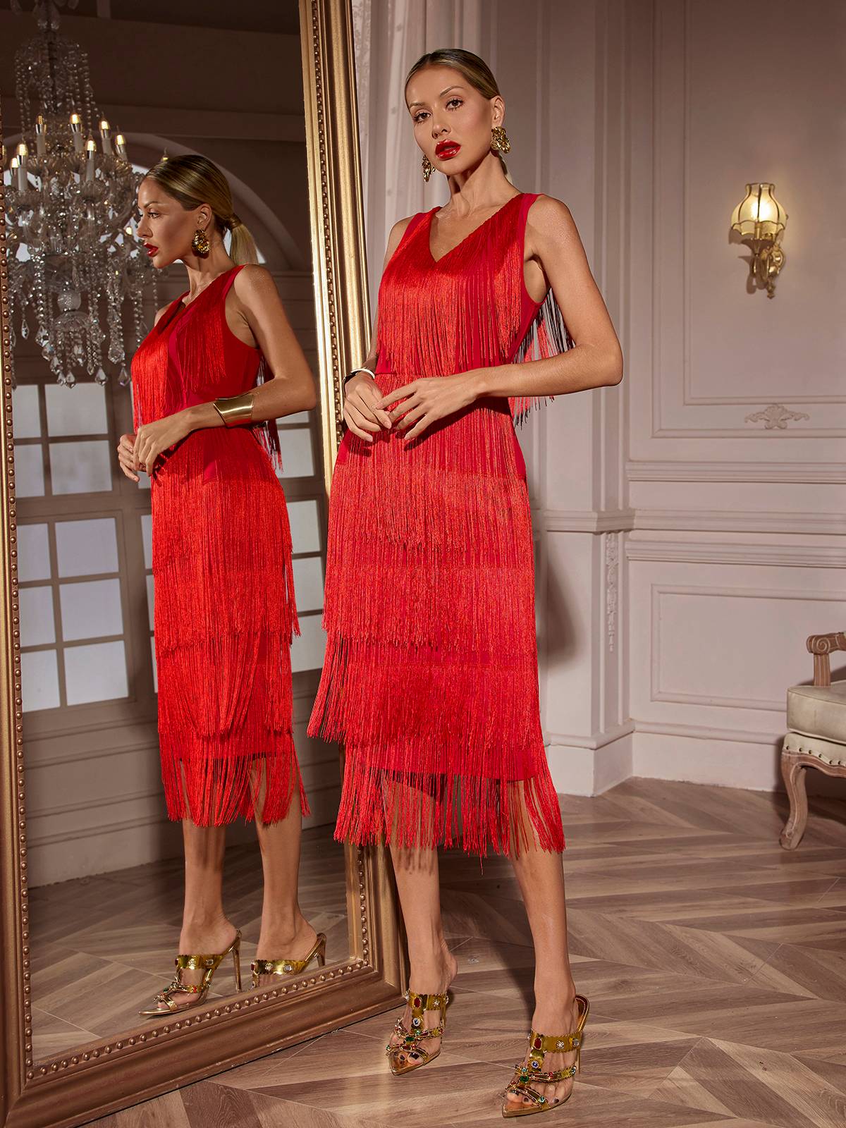 V Neck Fringe Midi Dress