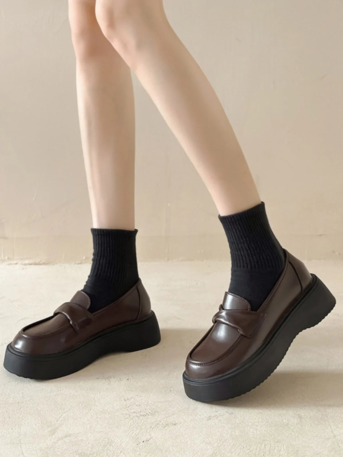 Fur Shallow Mouth Round Toe Leather AllMatch Fall Casual Platform Loafers