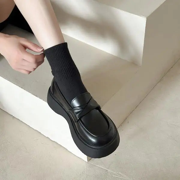 Fur Shallow Mouth Round Toe Leather AllMatch Fall Casual Platform Loafers