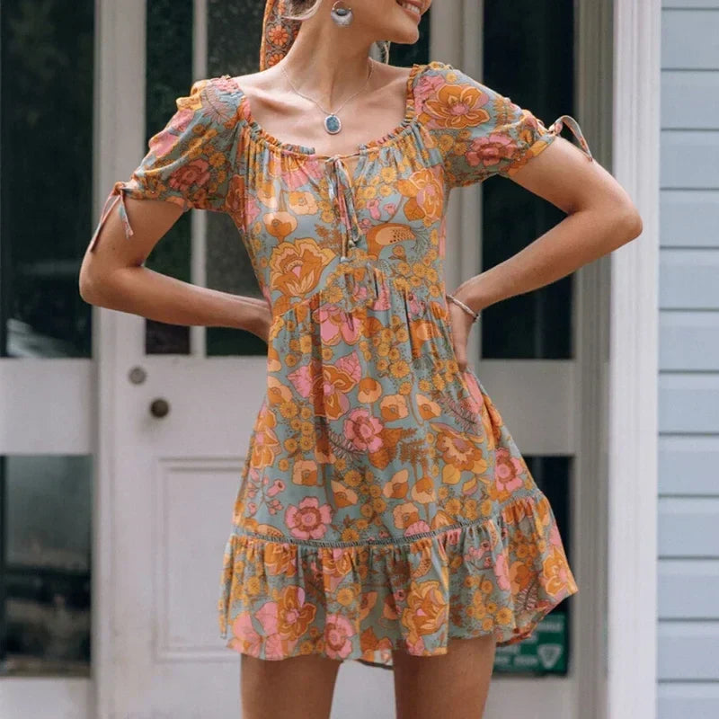 Short Puff Sleeve Mini Dress Vintage Cotton Rayon Orange Floral Print Summer Dress PINK / S bohodress-250126