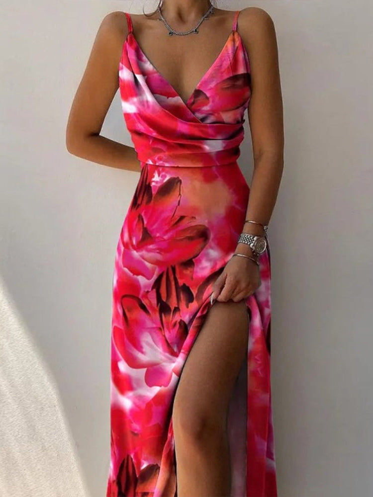 Showy Sleeveless Red Print Midi Dress