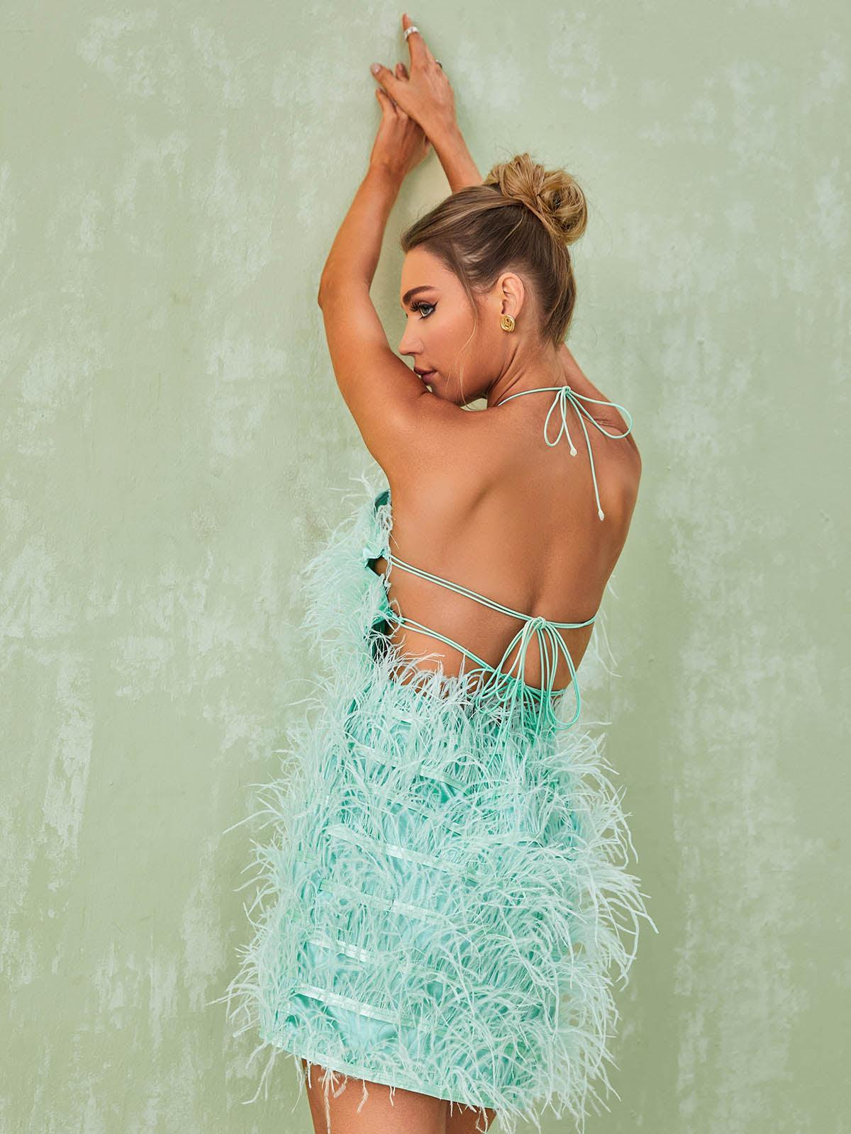 Halter Neck Feather Fringe Shift Mini Dress