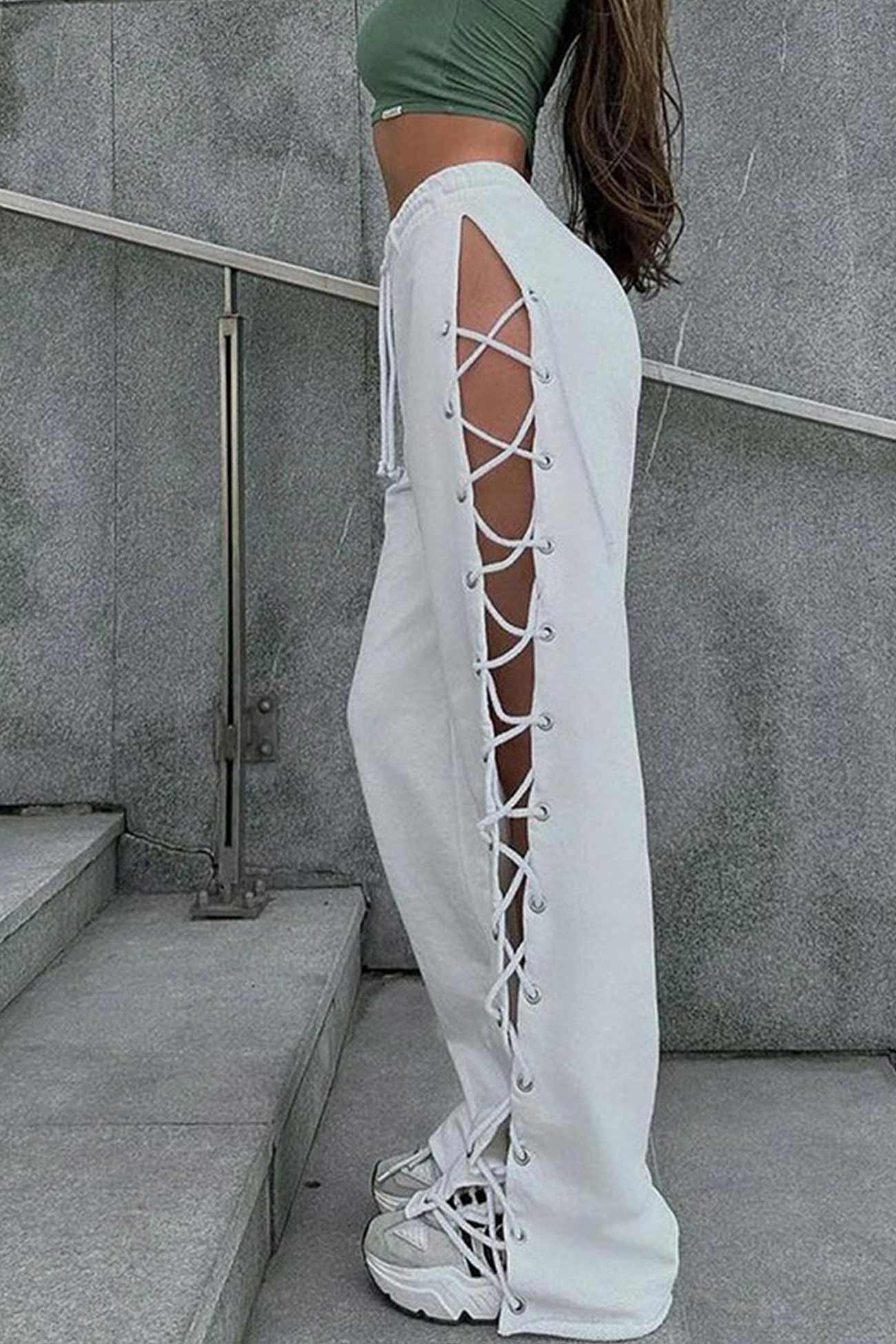 Side Slit Tieup Cutout Wideleg Long Pants