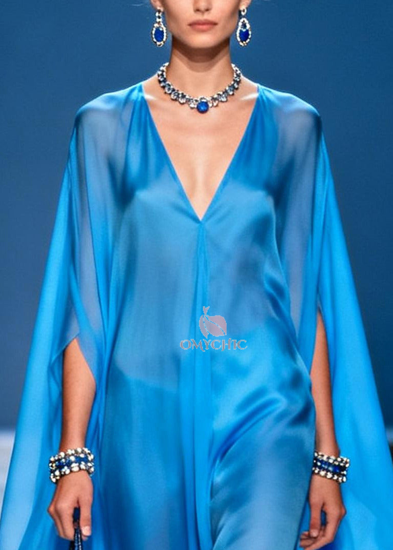 Simple Blue Oversized Draping Chiffon Holiday Dress Summer