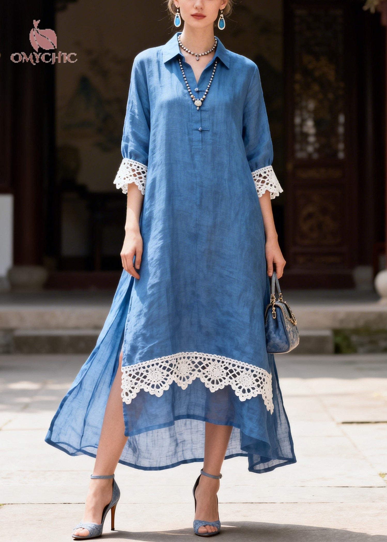 Simple Blue Peter Pan Collar Patchwork Lace Shirt Dresses Summer