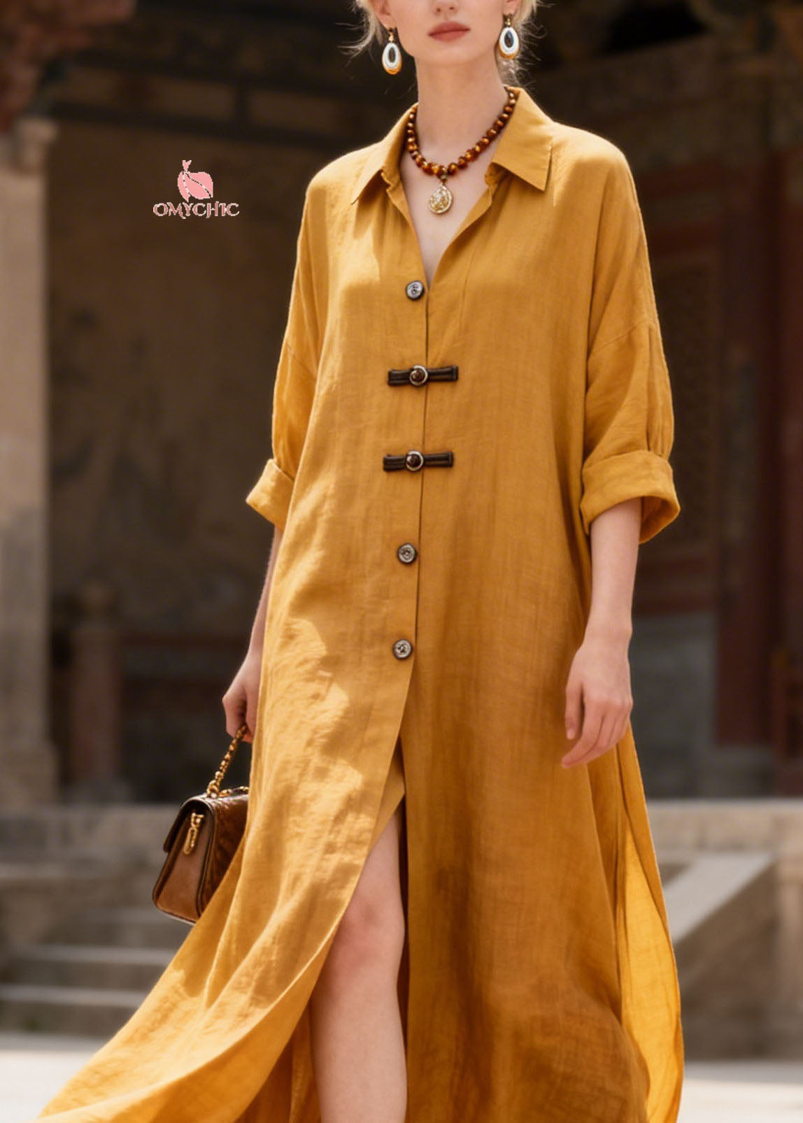 Simple Yellow Peter Pan Collar Button Patchwork Cotton Dress Summer